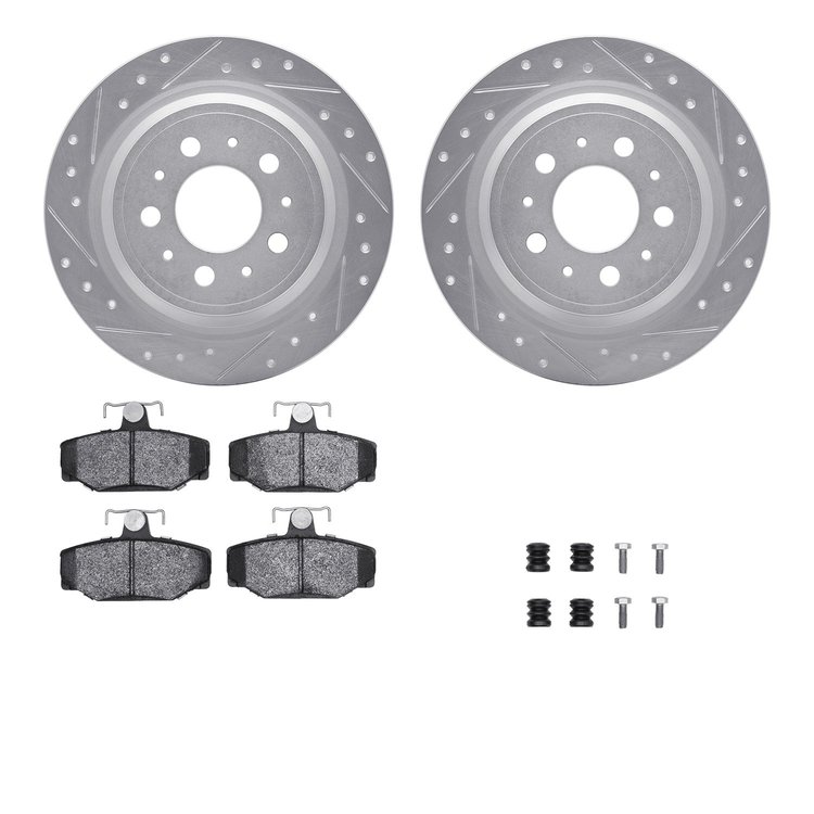 7512-27028 Drilled/Slotted Brake Rotors w/5000 Advanced Brake Pads Kit & Hardware [Silver], 1998-2000 Volvo, Position: Rear