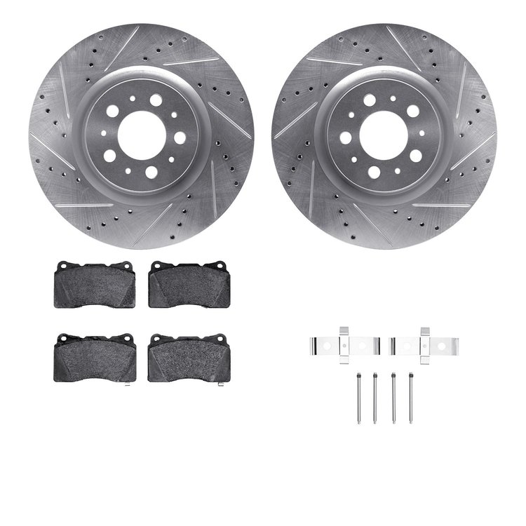 7512-27034 Drilled/Slotted Brake Rotors w/5000 Advanced Brake Pads Kit & Hardware [Silver], 2004-2007 Volvo, Position: Front