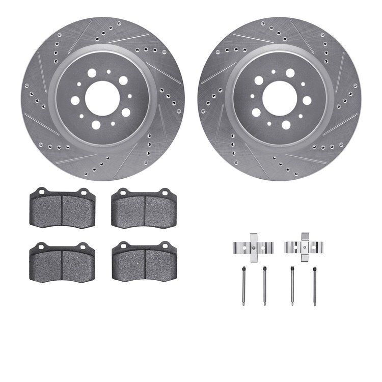 7512-27035 Drilled/Slotted Brake Rotors w/5000 Advanced Brake Pads Kit & Hardware [Silver], 2004-2007 Volvo, Position: Rear