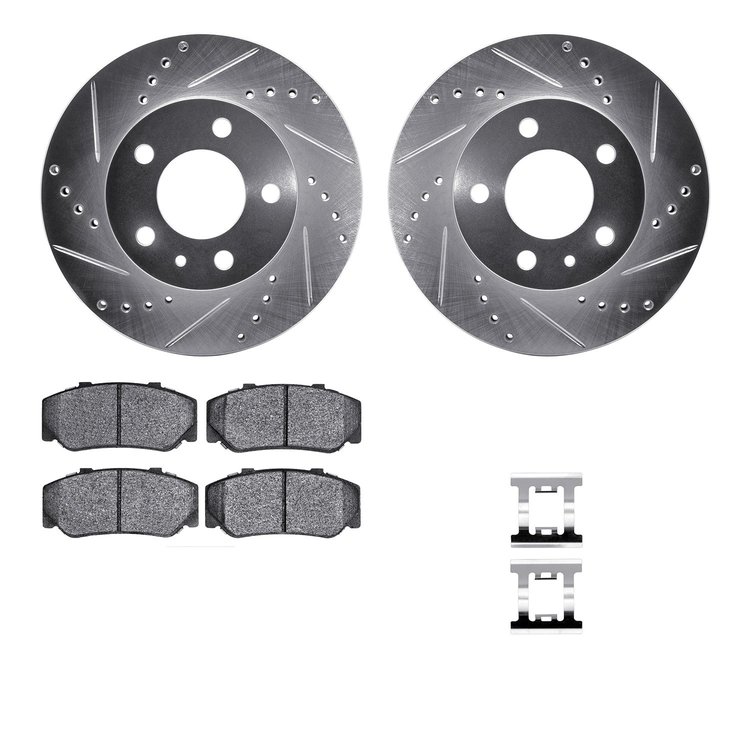 7512-27082 Drilled/Slotted Brake Rotors w/5000 Advanced Brake Pads Kit & Hardware [Silver], 1983-1987 Volvo, Position: Front