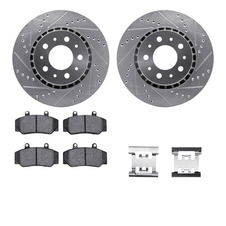 7512-27091 Drilled/Slotted Brake Rotors w/5000 Advanced Brake Pads Kit & Hardware [Silver], 1983-1992 Volvo, Position: Front