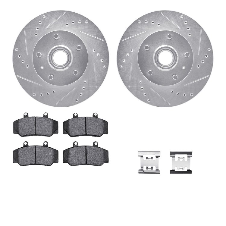 7512-27122 Drilled/Slotted Brake Rotors w/5000 Advanced Brake Pads Kit & Hardware [Silver], 1983-1987 Volvo, Position: Front