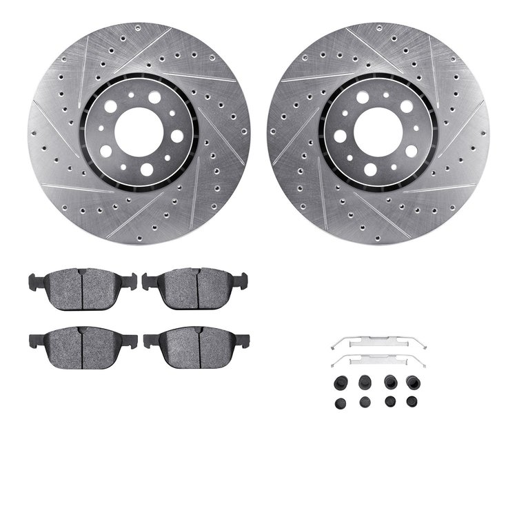 7512-27281 Drilled/Slotted Brake Rotors w/5000 Advanced Brake Pads Kit & Hardware [Silver], 2003-2014 Volvo, Position: Front