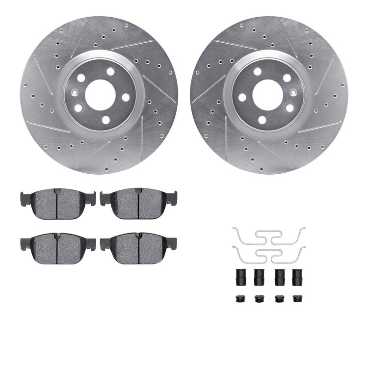 7512-27287 Drilled/Slotted Brake Rotors w/5000 Advanced Brake Pads Kit & Hardware [Silver], Fits Select Multiple Makes/Models, P