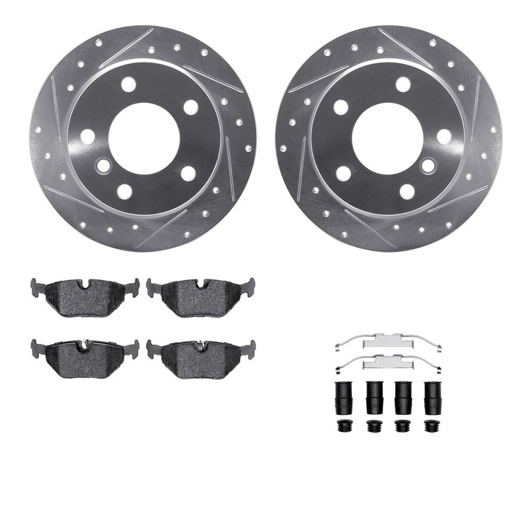 7512-31044 Drilled/Slotted Brake Rotors w/5000 Advanced Brake Pads Kit & Hardware [Silver], 1996-2000 BMW, Position: Rear