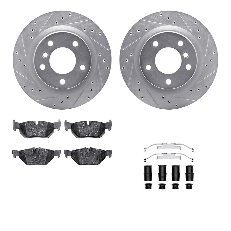 7512-31073 Drilled/Slotted Brake Rotors w/5000 Advanced Brake Pads Kit & Hardware [Silver], 2006-2013 BMW, Position: Rear