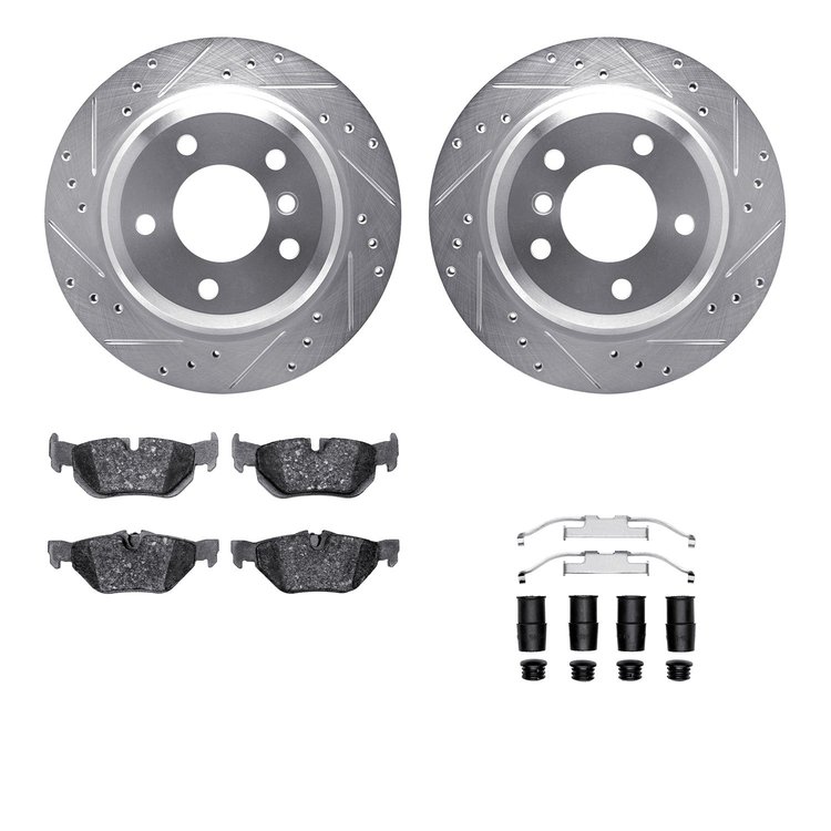 7512-31090 Drilled/Slotted Brake Rotors w/5000 Advanced Brake Pads Kit & Hardware [Silver], 2006-2015 BMW, Position: Rear