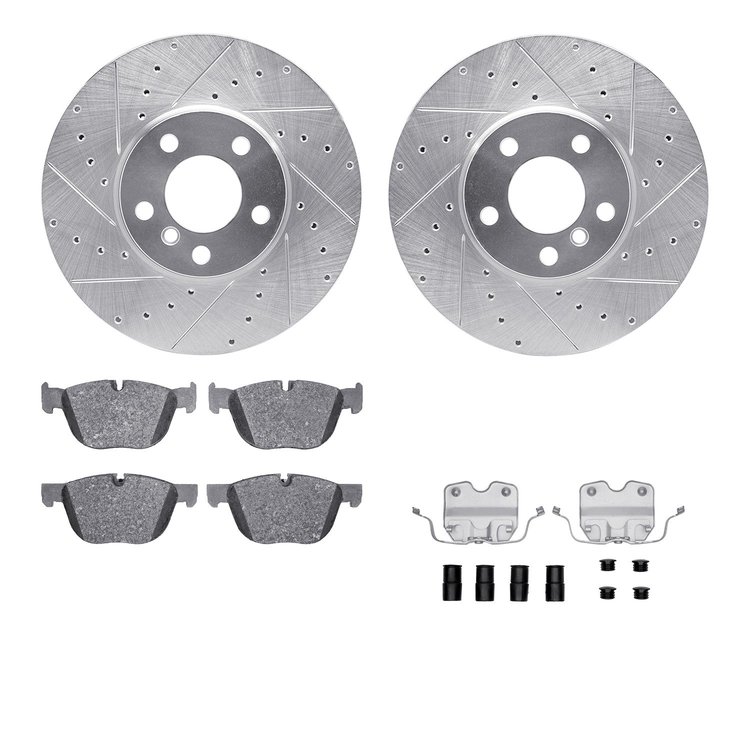 7512-31093 Drilled/Slotted Brake Rotors w/5000 Advanced Brake Pads Kit & Hardware [Silver], 2014-2019 BMW, Position: Front