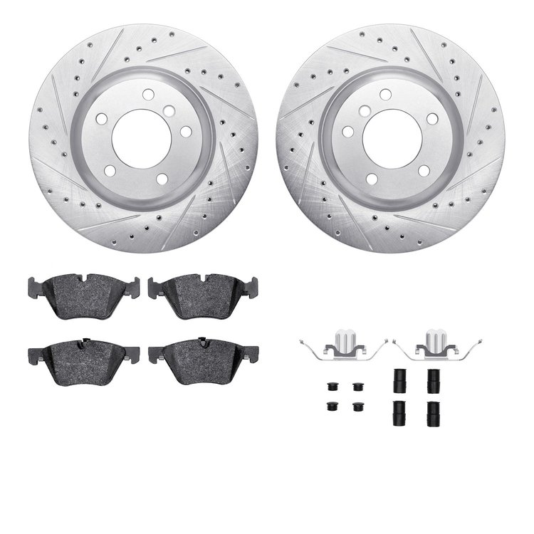 7512-31100 Drilled/Slotted Brake Rotors w/5000 Advanced Brake Pads Kit & Hardware [Silver], 2009-2010 BMW, Position: Front