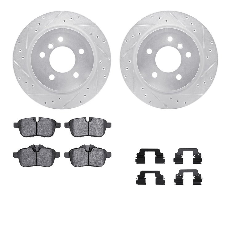 7512-31103 Drilled/Slotted Brake Rotors w/5000 Advanced Brake Pads Kit & Hardware [Silver], 2011-2016 BMW, Position: Rear