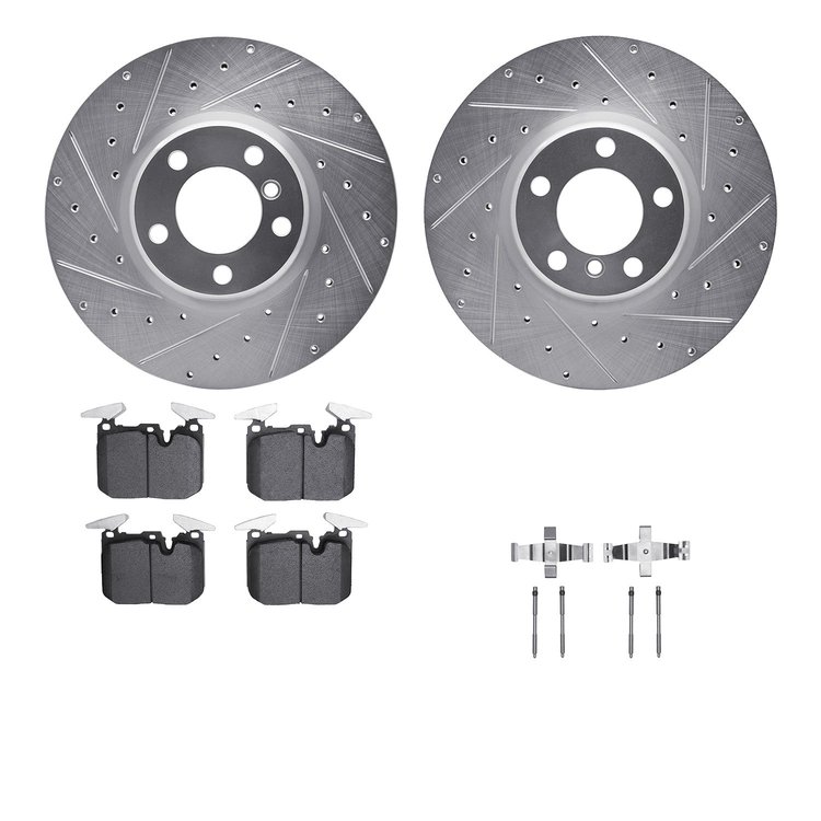7512-31121 Drilled/Slotted Brake Rotors w/5000 Advanced Brake Pads Kit & Hardware [Silver], 2012-2020 BMW, Position: Front