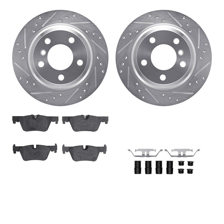 7512-31128 Drilled/Slotted Brake Rotors w/5000 Advanced Brake Pads Kit & Hardware [Silver], 2013-2020 BMW, Position: Rear