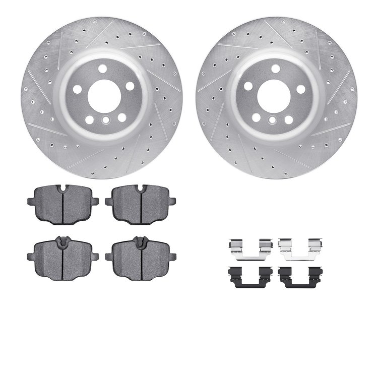 7512-31132 Drilled/Slotted Brake Rotors w/5000 Advanced Brake Pads Kit & Hardware [Silver], 2017-2021 BMW, Position: Rear