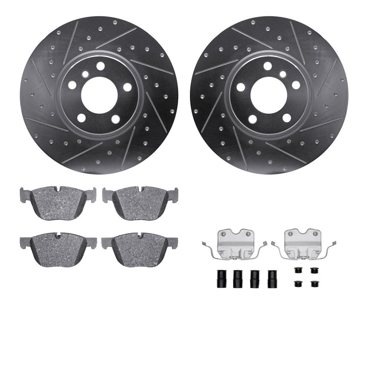 7512-31151 Drilled/Slotted Brake Rotors w/5000 Advanced Brake Pads Kit & Hardware [Silver], 2016-2018 BMW, Position: Front