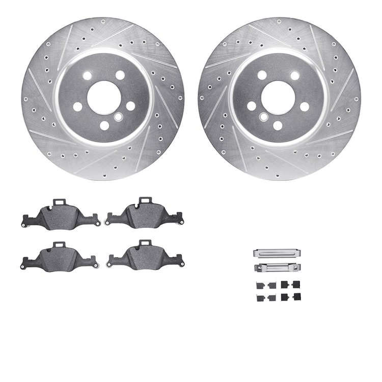 7512-31157 Drilled/Slotted Brake Rotors w/5000 Advanced Brake Pads Kit & Hardware [Silver], Fits Select BMW, Position: Front