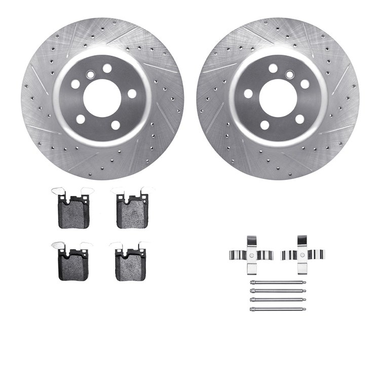 7512-31590 Drilled/Slotted Brake Rotors w/5000 Advanced Brake Pads Kit & Hardware [Silver], 2013-2021 BMW, Position: Rear