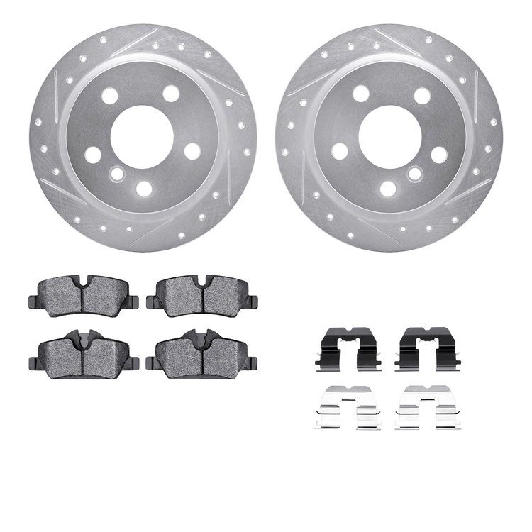 7512-32016 Drilled/Slotted Brake Rotors w/5000 Advanced Brake Pads Kit & Hardware [Silver], Fits Select Mini, Position: Rear