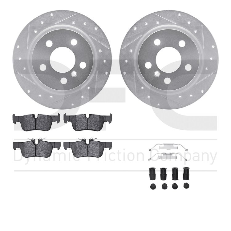 7512-32018 Drilled/Slotted Brake Rotors w/5000 Advanced Brake Pads Kit & Hardware [Silver], 2015-2019 Multiple Makes/Models, Pos