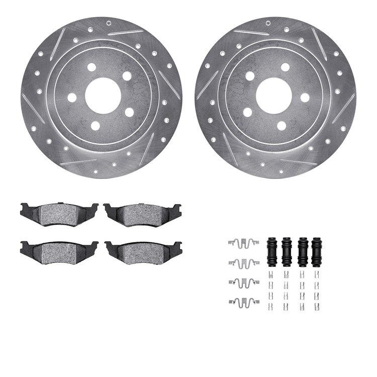 7512-39000 Drilled/Slotted Brake Rotors w/5000 Advanced Brake Pads Kit & Hardware [Silver], 1989-1995 Mopar, Position: Rear