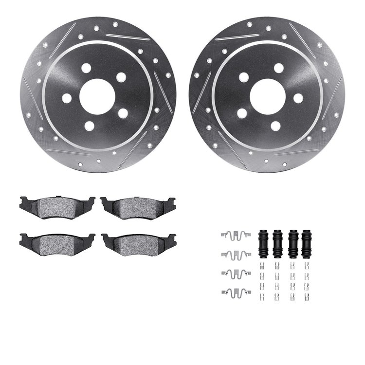7512-39002 Drilled/Slotted Brake Rotors w/5000 Advanced Brake Pads Kit & Hardware [Silver], 1995-2003 Mopar, Position: Rear