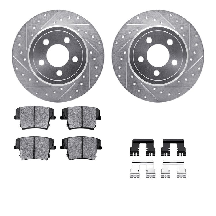 7512-39006 Drilled/Slotted Brake Rotors w/5000 Advanced Brake Pads Kit & Hardware [Silver], Fits Select Mopar, Position: Rear