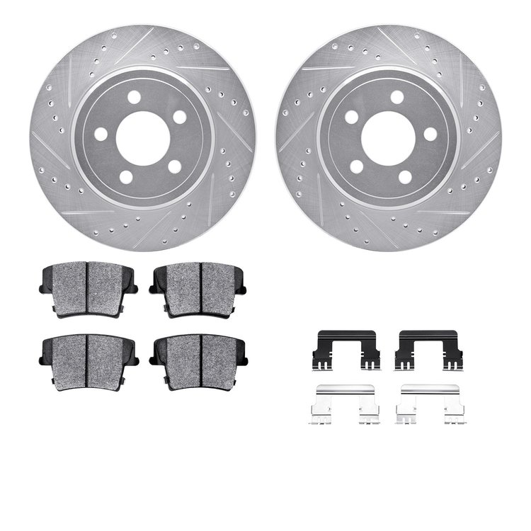 7512-39010 Drilled/Slotted Brake Rotors w/5000 Advanced Brake Pads Kit & Hardware [Silver], Fits Select Mopar, Position: Rear