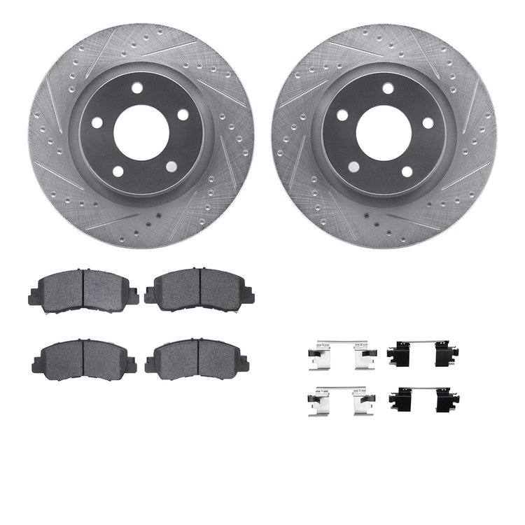 7512-39015 Drilled/Slotted Brake Rotors w/5000 Advanced Brake Pads Kit & Hardware [Silver], Fits Select Mitsubishi, Position: Fr
