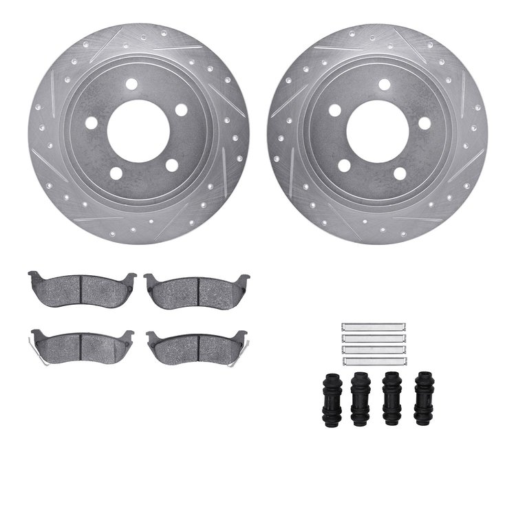 7512-39030 Drilled/Slotted Brake Rotors w/5000 Advanced Brake Pads Kit & Hardware [Silver], 2004-2008 Mopar, Position: Rear