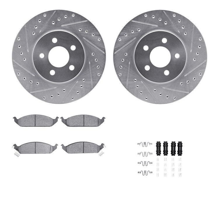 7512-39049 Drilled/Slotted Brake Rotors w/5000 Advanced Brake Pads Kit & Hardware [Silver], 1995-2000 Mopar, Position: Front