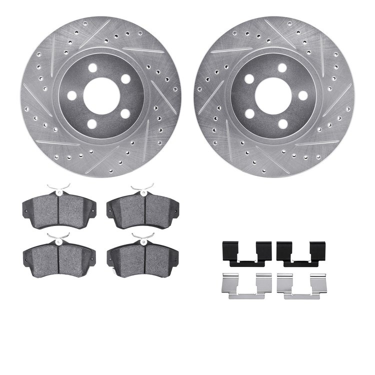 7512-39083 Drilled/Slotted Brake Rotors w/5000 Advanced Brake Pads Kit & Hardware [Silver], 2001-2010 Mopar, Position: Front