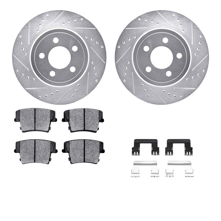7512-39111 Drilled/Slotted Brake Rotors w/5000 Advanced Brake Pads Kit & Hardware [Silver], 2005-2018 Mopar, Position: Rear