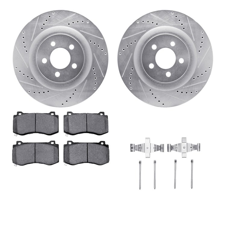 7512-39119 Drilled/Slotted Brake Rotors w/5000 Advanced Brake Pads Kit & Hardware [Silver], Fits Select Mopar, Position: Front