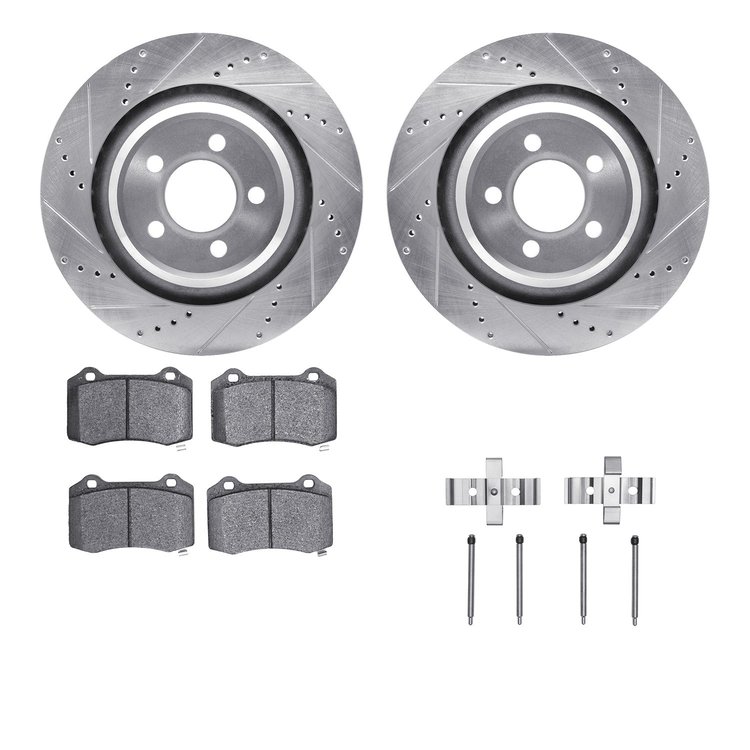 7512-39122 Drilled/Slotted Brake Rotors w/5000 Advanced Brake Pads Kit & Hardware [Silver], 2005-2020 Mopar, Position: Rear