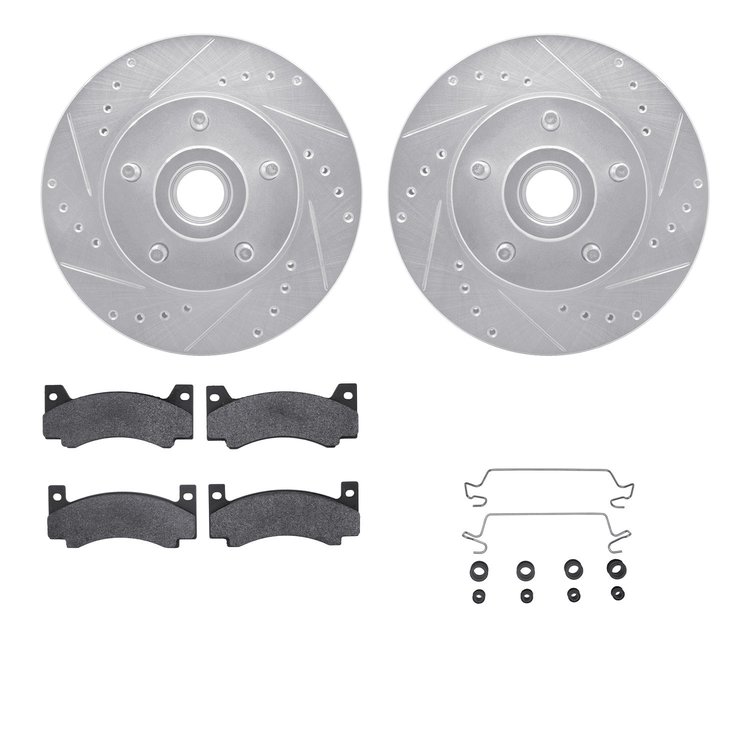 7512-40003 Drilled/Slotted Brake Rotors w/5000 Advanced Brake Pads Kit & Hardware [Silver], 1970-1972 Mopar, Position: Front