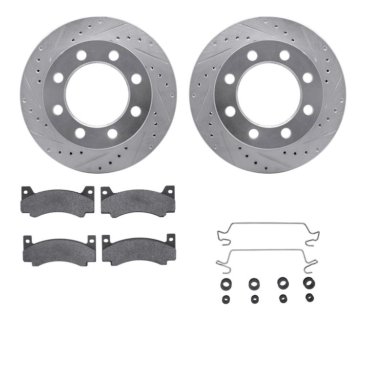 7512-40004 Drilled/Slotted Brake Rotors w/5000 Advanced Brake Pads Kit & Hardware [Silver], 1971-1972 Mopar, Position: Front