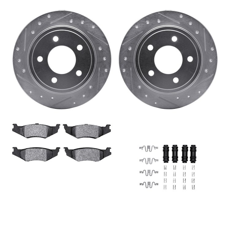 7512-40006 Drilled/Slotted Brake Rotors w/5000 Advanced Brake Pads Kit & Hardware [Silver], 1993-2004 Mopar, Position: Rear