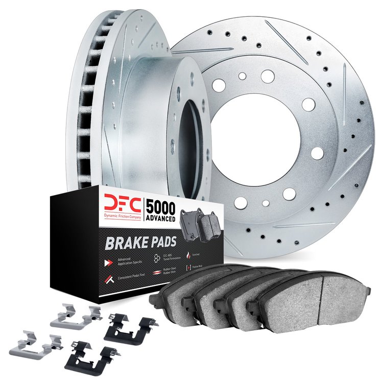 7512-40008 Drilled/Slotted Brake Rotors w/5000 Advanced Brake Pads Kit & Hardware [Silver], 1973-1974 Mopar, Position: Front