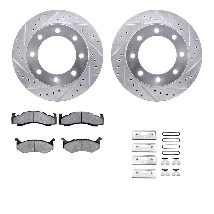 7512-40012 Drilled/Slotted Brake Rotors w/5000 Advanced Brake Pads Kit & Hardware [Silver], 1973-1993 Mopar, Position: Front