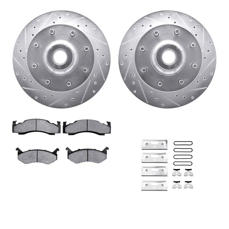 7512-40015 Drilled/Slotted Brake Rotors w/5000 Advanced Brake Pads Kit & Hardware [Silver], 1978-1997 Mopar, Position: Front