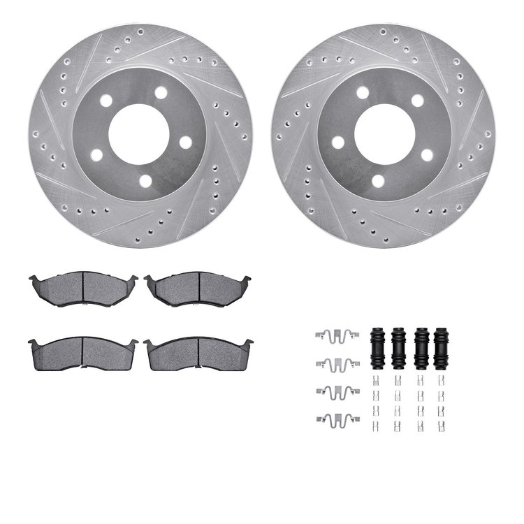 7512-40018 Drilled/Slotted Brake Rotors w/5000 Advanced Brake Pads Kit & Hardware [Silver], 1998-2000 Mopar, Position: Front