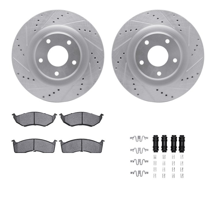 7512-40019 Drilled/Slotted Brake Rotors w/5000 Advanced Brake Pads Kit & Hardware [Silver], 1998-2004 Mopar, Position: Front
