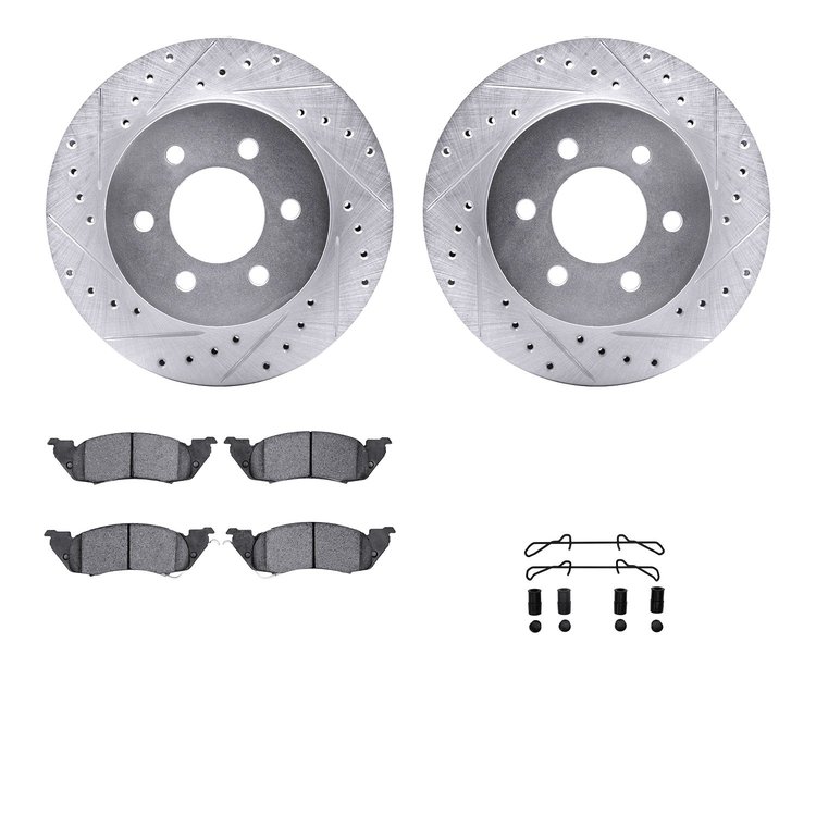 7512-40057 Drilled/Slotted Brake Rotors w/5000 Advanced Brake Pads Kit & Hardware [Silver], 1997-1998 Mopar, Position: Front