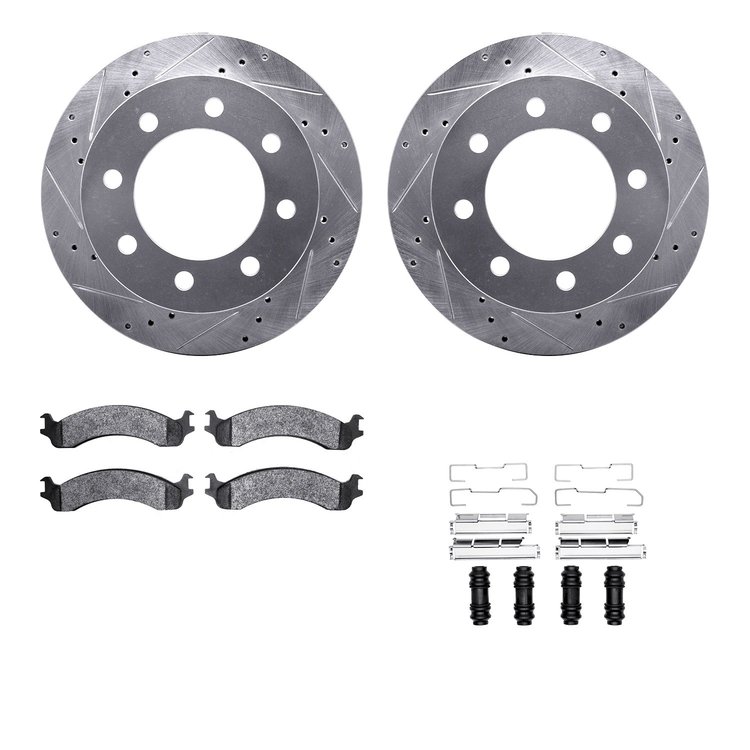 7512-40078 Drilled/Slotted Brake Rotors w/5000 Advanced Brake Pads Kit & Hardware [Silver], 2000-2002 Mopar, Position: Front