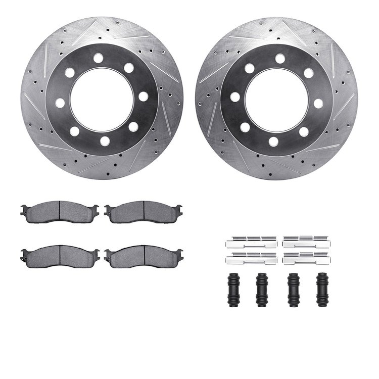 7512-40088 Drilled/Slotted Brake Rotors w/5000 Advanced Brake Pads Kit & Hardware [Silver], 2003-2008 Mopar, Position: Front