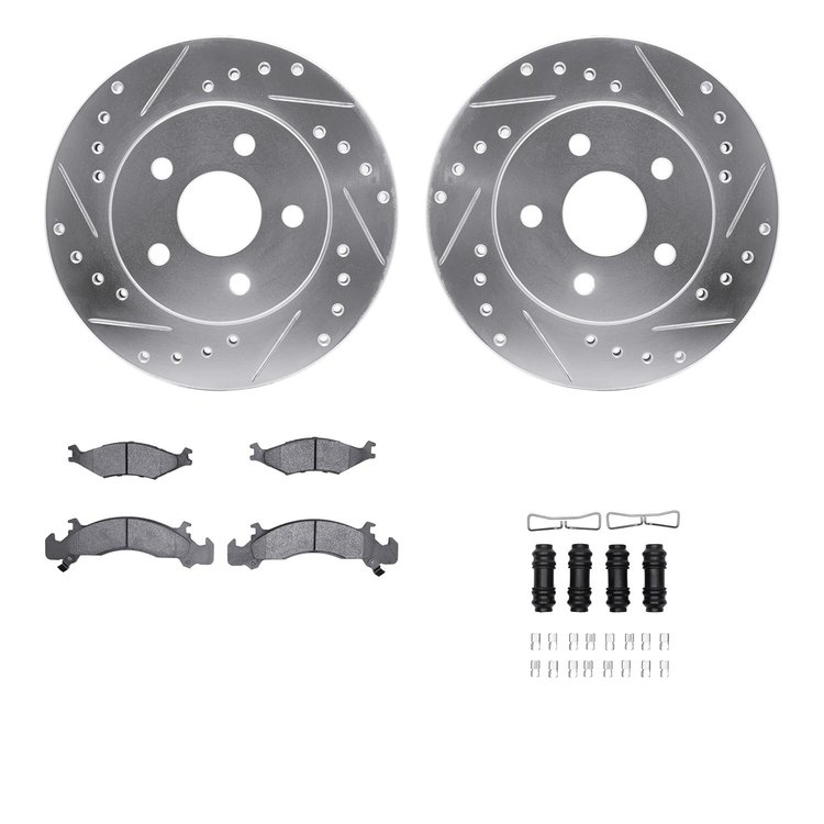7512-40112 Drilled/Slotted Brake Rotors w/5000 Advanced Brake Pads Kit & Hardware [Silver], 1991-1992 Mopar, Position: Front
