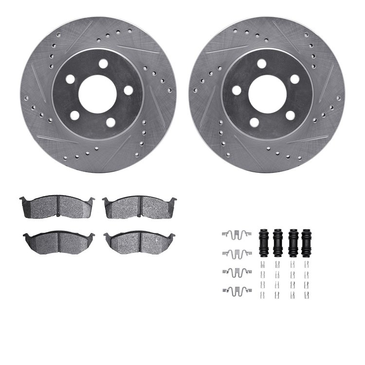7512-40127 Drilled/Slotted Brake Rotors w/5000 Advanced Brake Pads Kit & Hardware [Silver], 1995-1999 Mopar, Position: Front