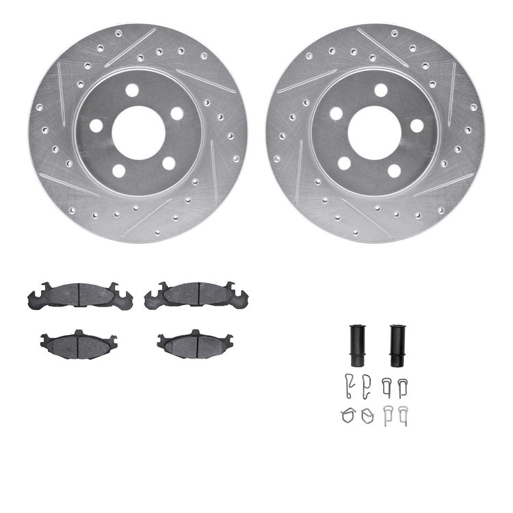 7512-40140 Drilled/Slotted Brake Rotors w/5000 Advanced Brake Pads Kit & Hardware [Silver], 1984-1990 Mopar, Position: Front