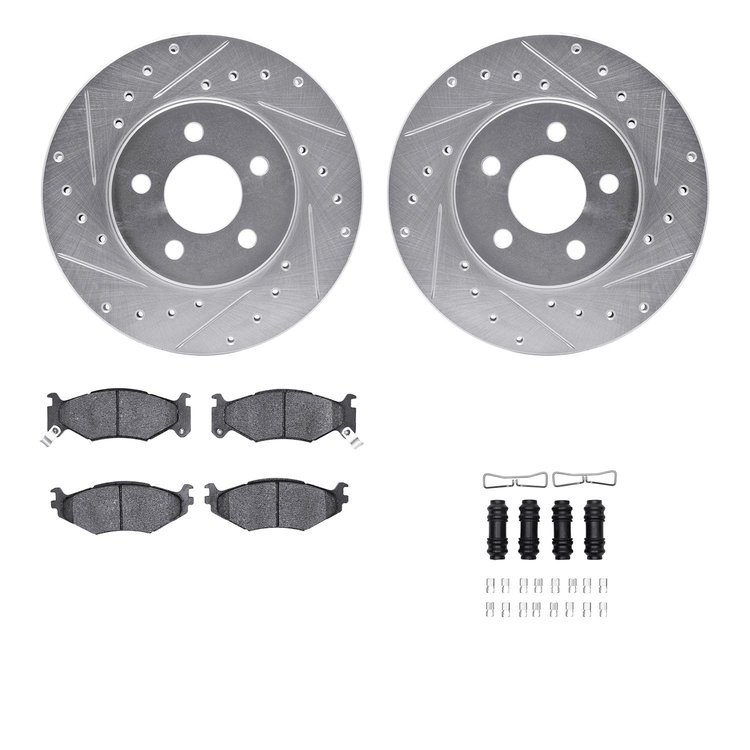 7512-40144 Drilled/Slotted Brake Rotors w/5000 Advanced Brake Pads Kit & Hardware [Silver], 1992-1992 Mopar, Position: Front