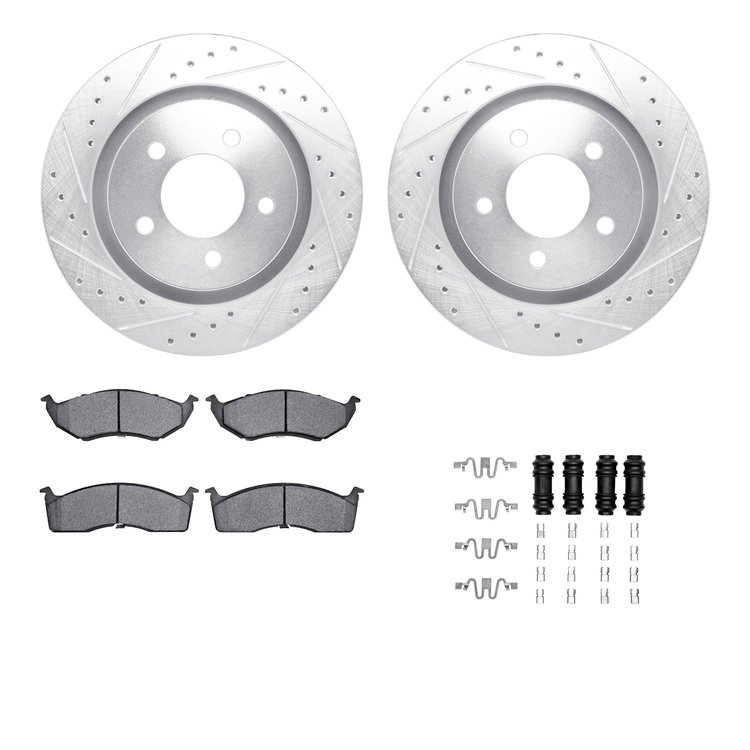 7512-40157 Drilled/Slotted Brake Rotors w/5000 Advanced Brake Pads Kit & Hardware [Silver], 1999-2004 Mopar, Position: Front