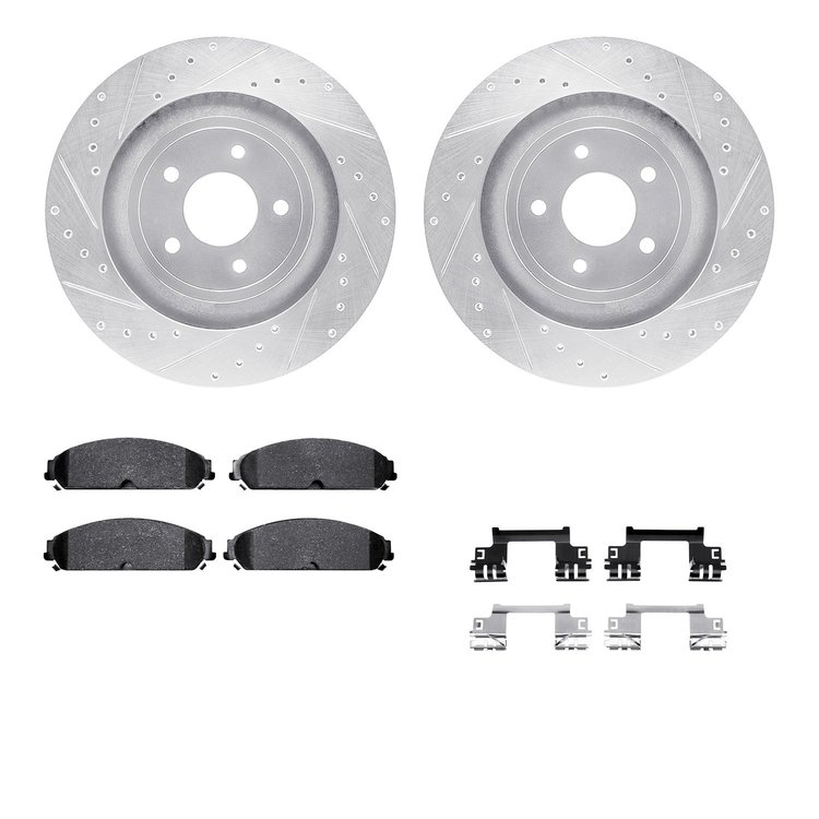 7512-40187 Drilled/Slotted Brake Rotors w/5000 Advanced Brake Pads Kit & Hardware [Silver], 2008-2009 Mopar, Position: Front